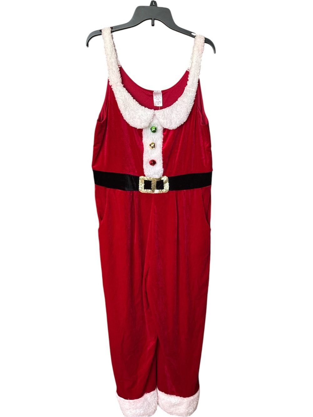 NWT No Boundaries Santa Jumpsuit XXL (19) Red Faux Fur Jingle Bells Wide Leg
